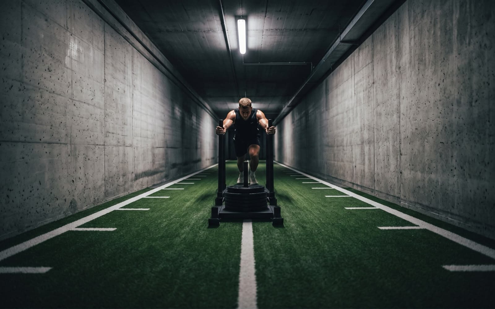 Athlete pushing a sled in a gym